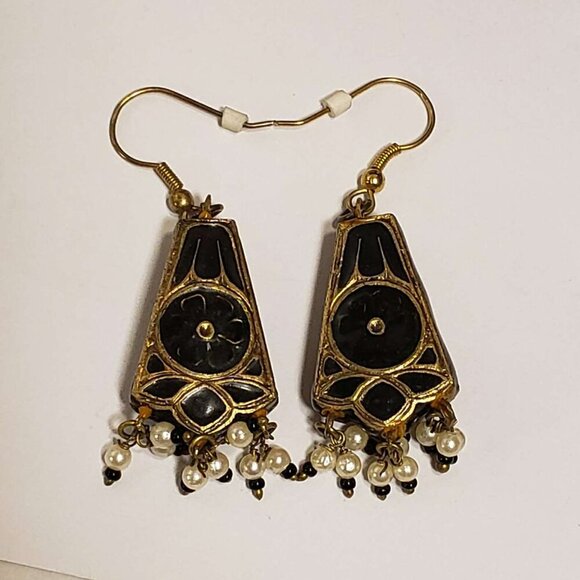 Vintage Paper Mache Pearls Jewelry Earrings Dangle Black Enamel Glass Crystals - Picture 4 of 6